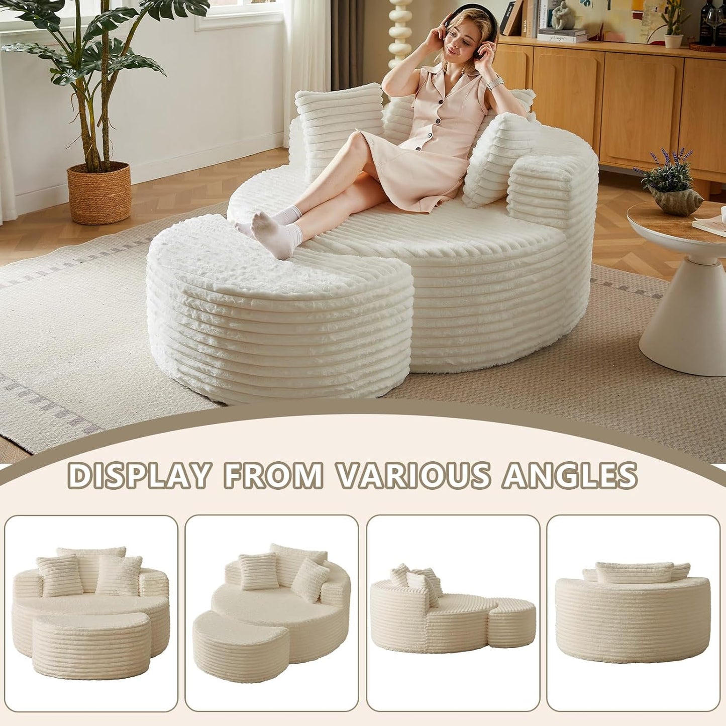 Oversized round Chaise Lounge Chair Indoor with Ottoman, Modern Upholstered Corduroy Circle Couch with Pillows, Boneless round Chairs for Living Room, Apartroom, No Assembly Required, White