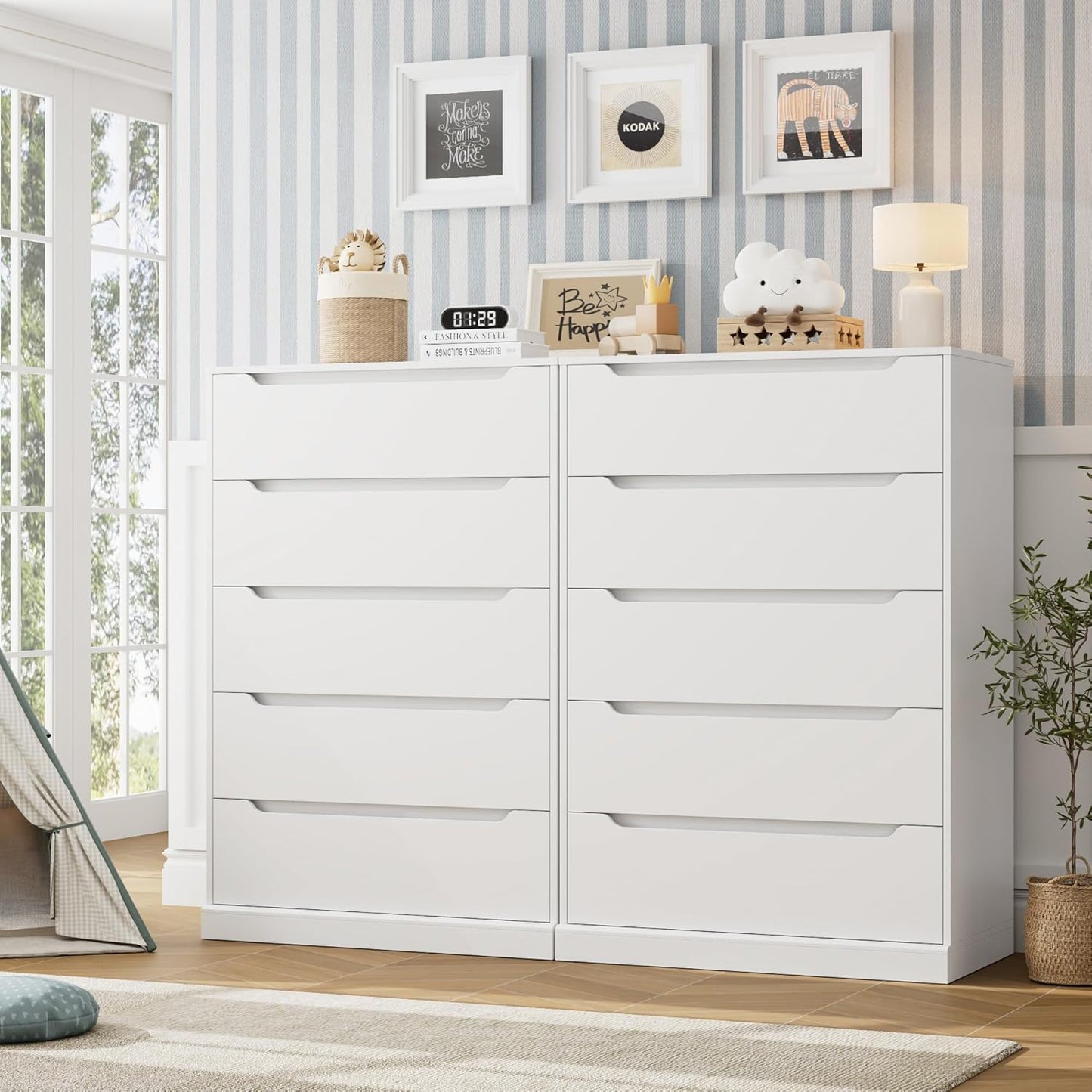 Modern 5 Drawer Dresser for Bedroom, Tall Chest of Drawers with Storage, Large Wood Cloth Storage Organizer with Cut-Out Handle, Accent Storage Cabinet for Living Room, Hallway, Classic White