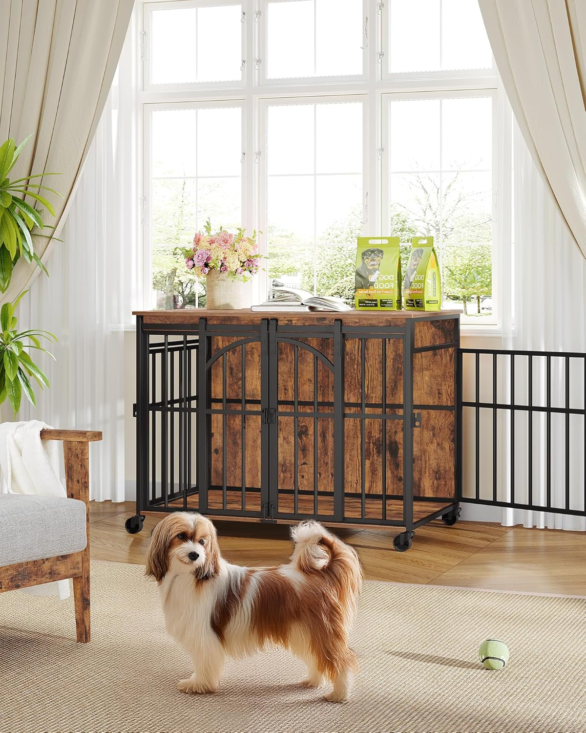 37.4" Dog Crate Furniture with Wheels, Wooden Pet Cage Indoor with Barn Door, L Dog Kennel Heavy Duty, Decorative Pet Crate for Small/Medium Dogs, End Table TV Stand, Rustic Brown DFC86201B