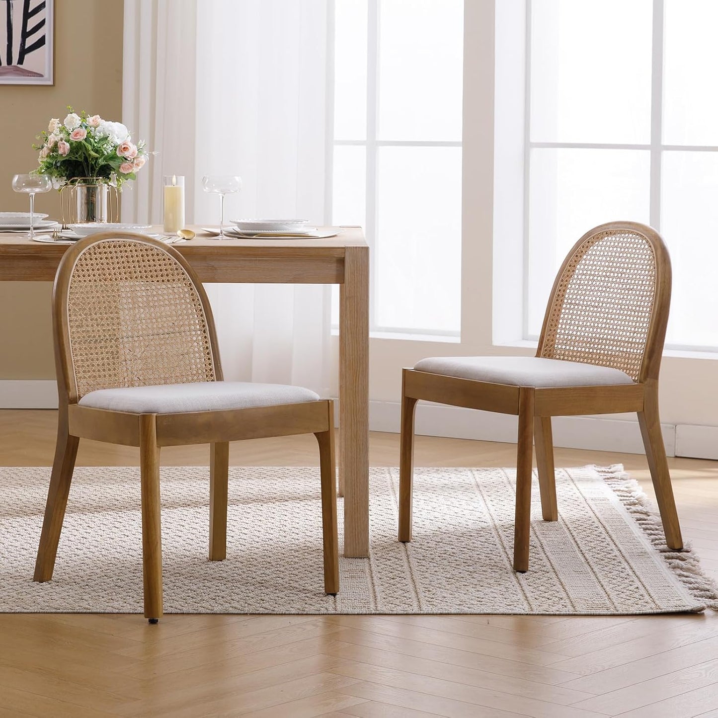 Mid-Century Modern Rattan Dining Chairs Set of 2, Wooden Dining Room Chair with Cane Backrest and Padded Seat, Linen Upholstered Dining Chair, Natural Finish, Beige
