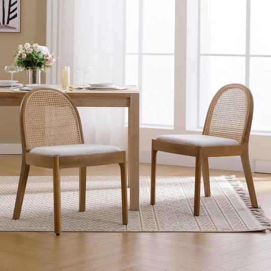 Mid-Century Modern Rattan Dining Chairs Set of 2, Wooden Dining Room Chair with Cane Backrest and Padded Seat, Linen Upholstered Dining Chair, Natural Finish, Beige
