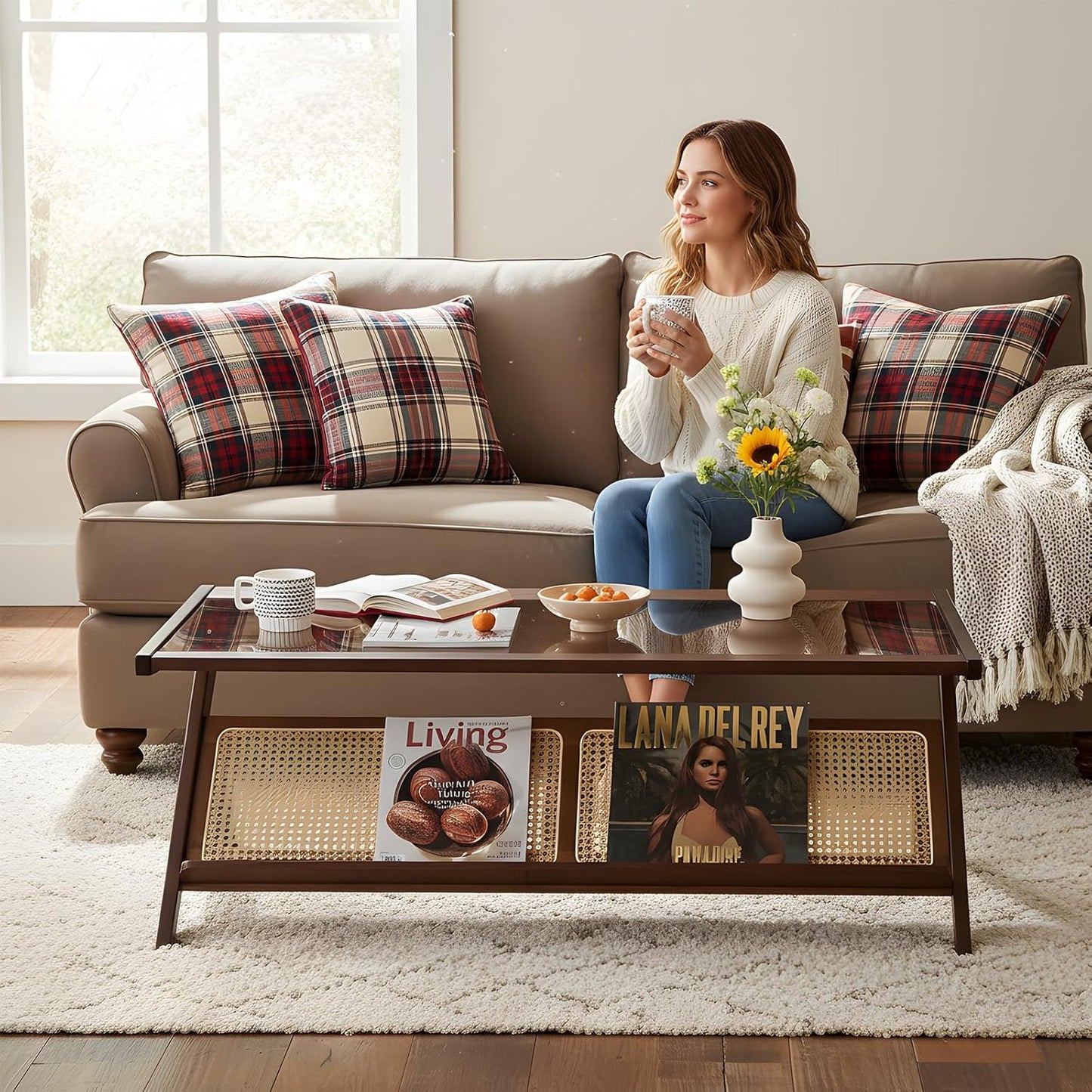 Rattan Coffee Table, Bamboo Accent Bedside Tables, Glass Nightstand Side Table, Boho Wooden End Table with Storage for Living Room,Living Room, Dining Room, Tea, Home Décor