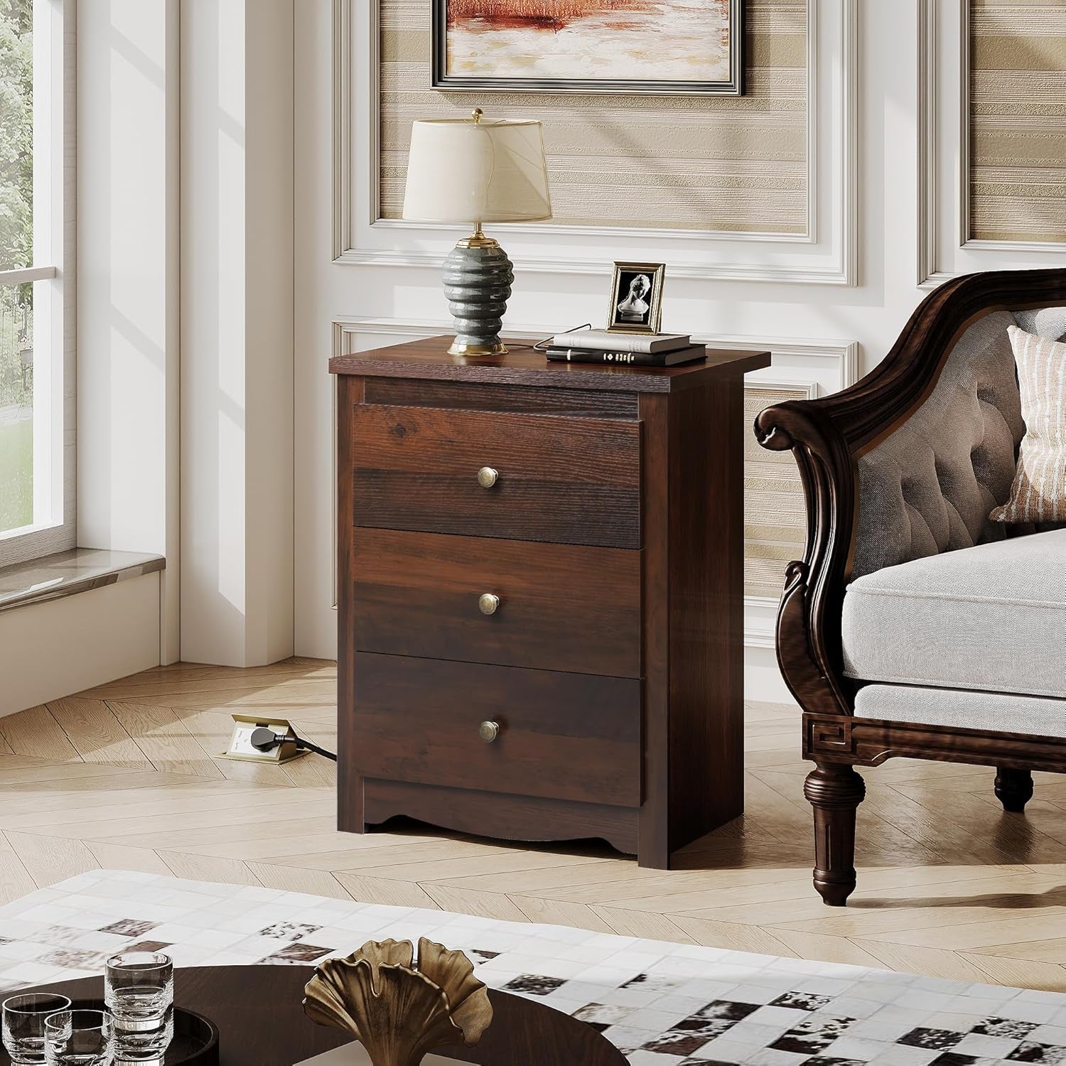 Tall Nightstand with Charging Station, Wood Nightstand with 3 Drawers, Bedside Tables Bedroom, Dorm, End Table with 2 USB Ports and 2 AC Outlets, Bedside Table, Espresso