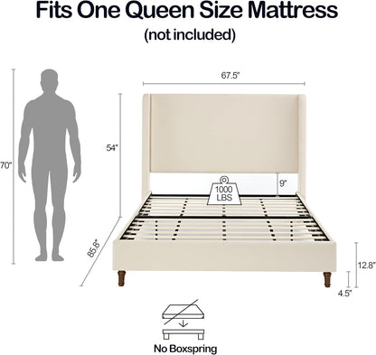 Tall Headboard Upholstered Bed,Queen Size Platform Bed Frame with Headboard Wingback,54" High No Box Spring Needed Easy Assembly Elegant Simplicity Ivory Boucle