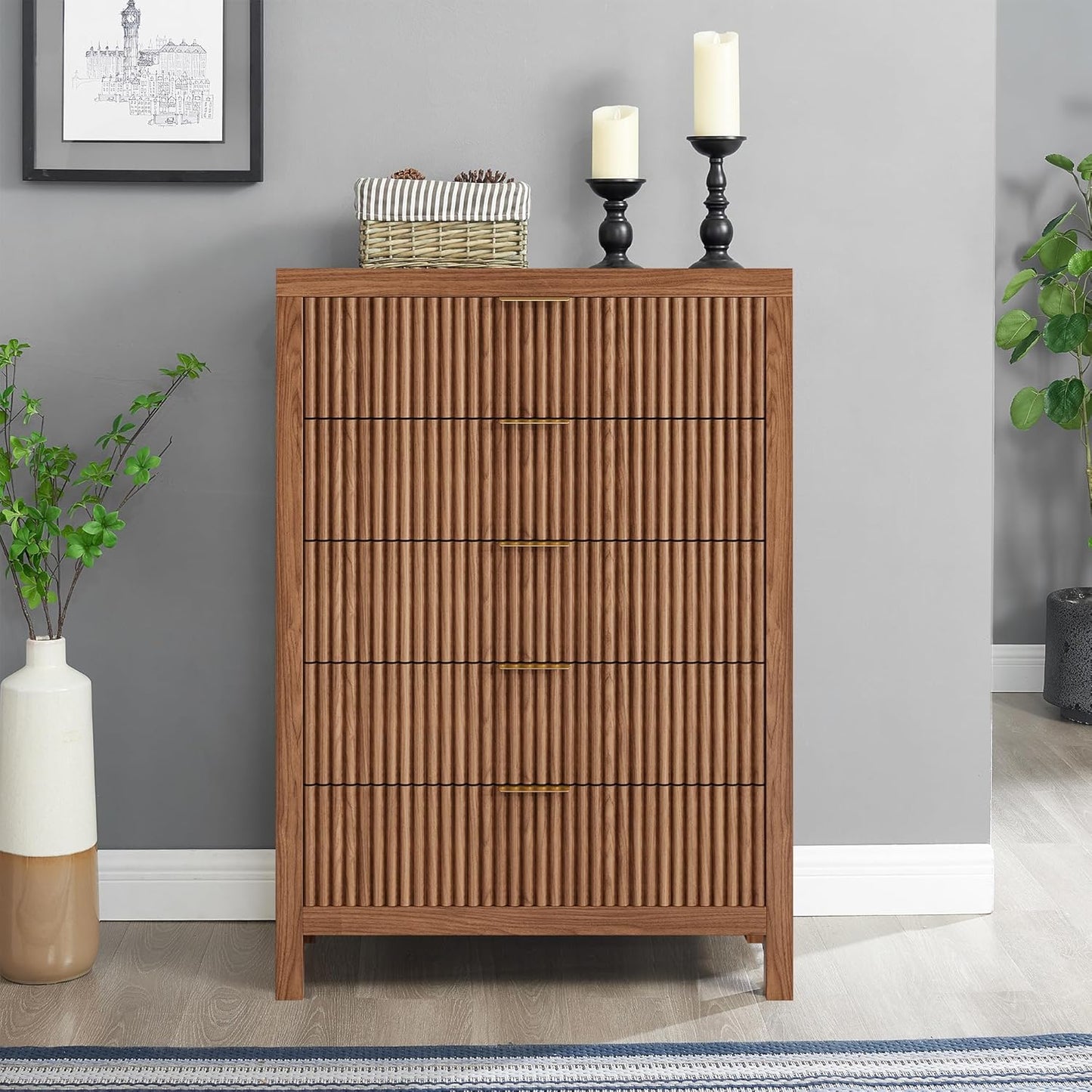 Dresser for Bedroom with 5 Storage Drawers, Storage Dresser Organizer with Wood Top, Nightstand Furniture with Wide Drawer Organizer in Living Room,Closet,Entryway,Hallyway Walnut Oak