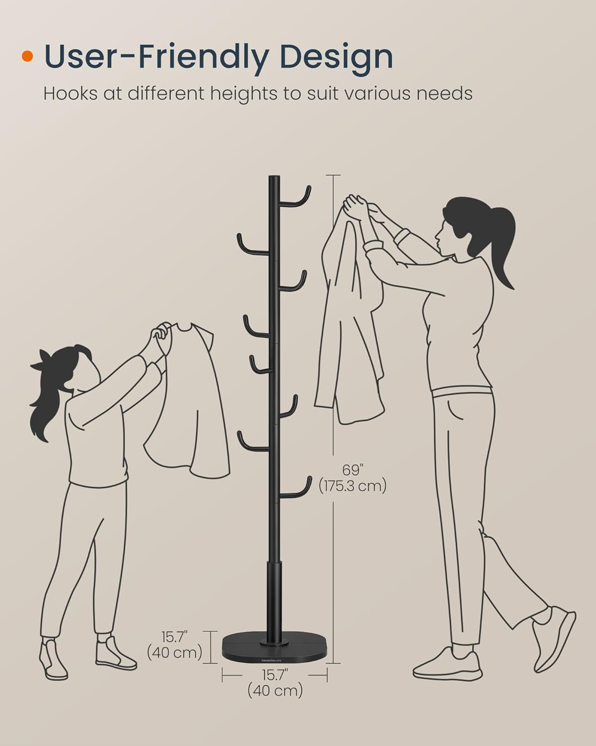 Cactus-Shaped Coat Rack, Freestanding Coat Tree, Coat Hanger Stand with 8 Sturdy Hooks, with Curved Ends, for Clothes, Hats, Bags, Ink Black URCR039B01
