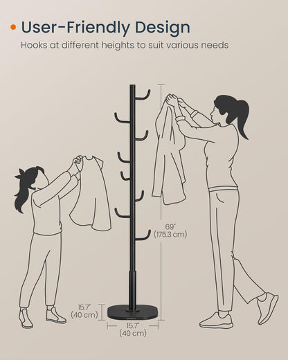 Cactus-Shaped Coat Rack, Freestanding Coat Tree, Coat Hanger Stand with 8 Sturdy Hooks, with Curved Ends, for Clothes, Hats, Bags, Ink Black URCR039B01