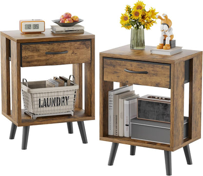 Nightstand Set of 2 with Fabric Drawers and Open Shelves - Rustic Bedroom Side Tables