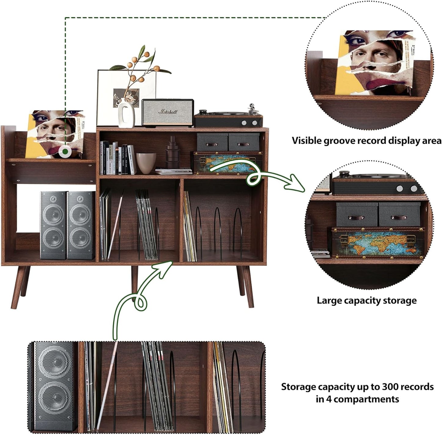 Large Record Player Stand, Mid-Century Vinyl Record Storage Table with Wood Legs and Record Storage, Modern Turntable Stand Holds up to 300 Albums for Studio, Living Room, Bedroom (Walnut)