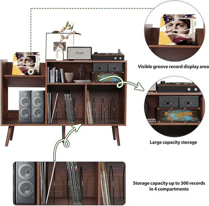 Large Record Player Stand, Mid-Century Vinyl Record Storage Table with Wood Legs and Record Storage, Modern Turntable Stand Holds up to 300 Albums for Studio, Living Room, Bedroom (Walnut)