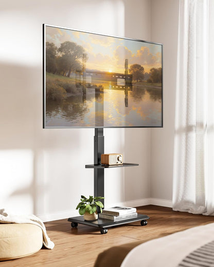 Steel Base Rolling TV Stand for 32-75 Inch Tvs up to 110 Lbs, Leveling & Tilt & Swivel Mobile TV Stand with Hidden Wire Management, Height Adjustable Portable Tv Stand with Steel Shelf, Black
