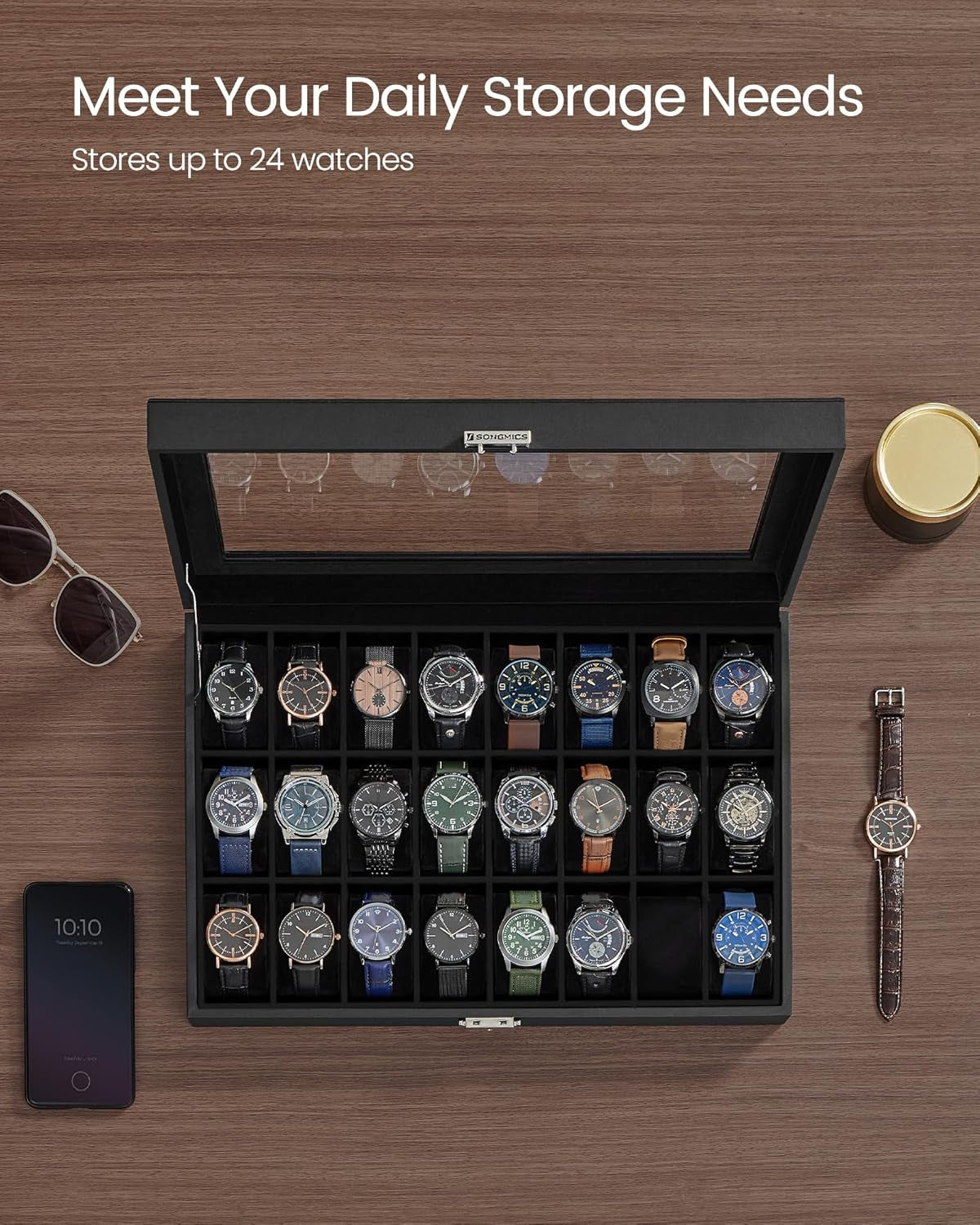 24-Slot Watch Box, Lockable Watch Storage Case with Glass Lid, Gift Idea, Ink Black Synthetic Leather, Ink Black Lining UJWB024B02
