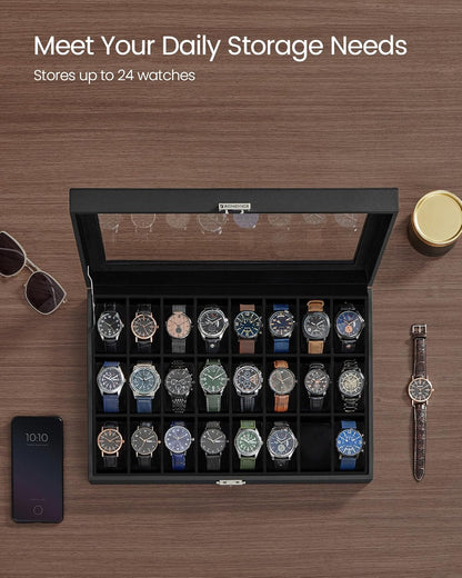 24-Slot Watch Box, Lockable Watch Storage Case with Glass Lid, Gift Idea, Ink Black Synthetic Leather, Ink Black Lining UJWB024B02