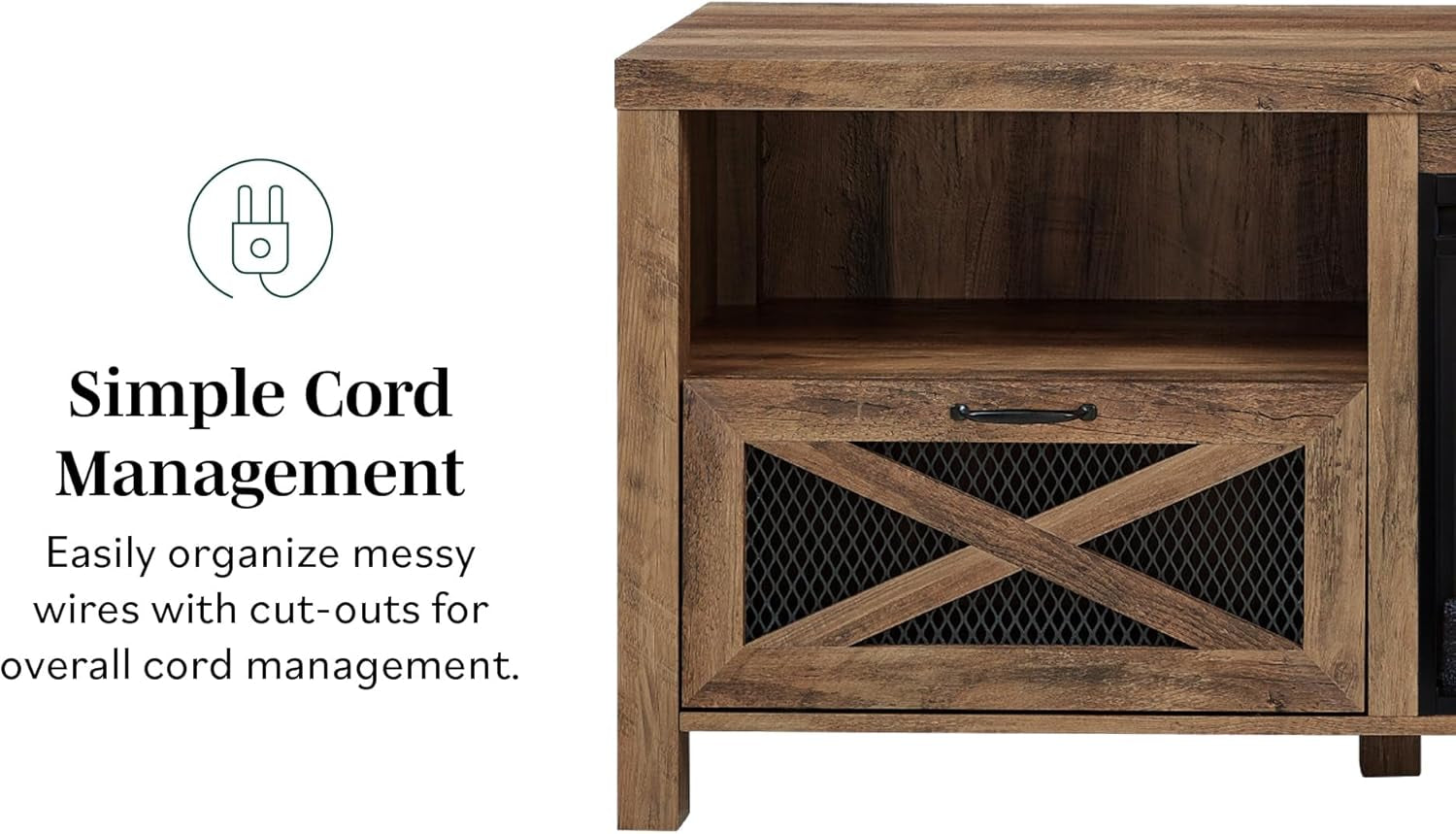 Calgary Industrial Farmhouse X-Drawer Metal Mesh and Wood Fireplace TV Stand for Tvs up to 80 Inches, 70 Inch, Rustic Oak