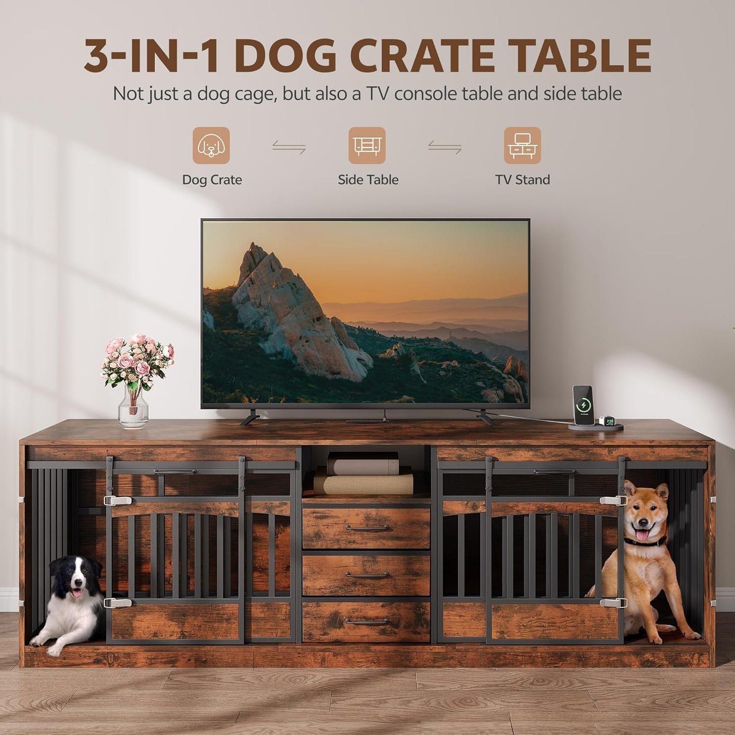 86.61" Large Double Dog Crate Furniture with Storage Drawers Farmhouse Dog Kennel TV Stand Indoor for 2 Large Medium Dogs Decorative Dog Cage with Sliding Door Power Outlets Brown