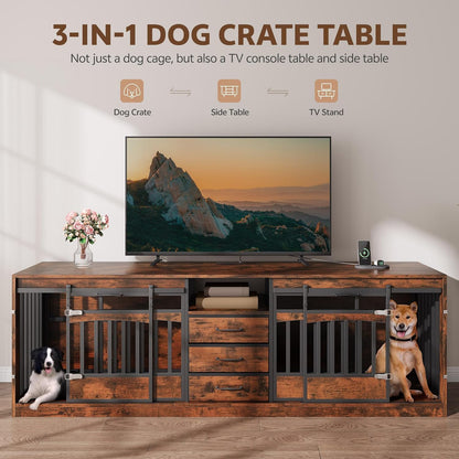 68.8" Large Dog Crate Furniture with 3 Storage Drawers & 1 Shelf Farmhouse Dog Kennel TV Stand Side Table Indoor for Large Dogs Decorative Dog Cage with Sliding Barn Door & Power Outlet Brown