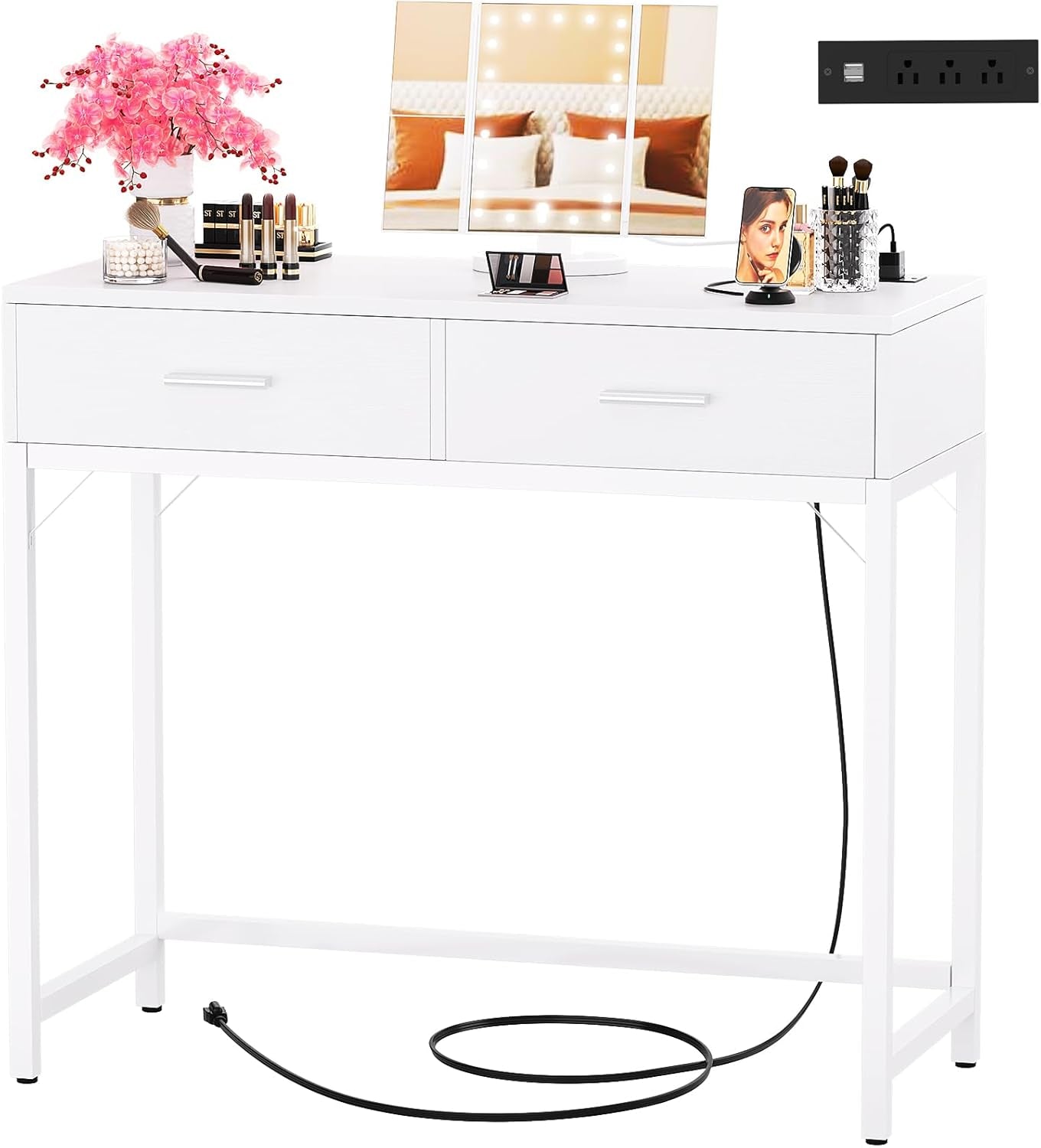 Vanity Desk with Mirror and Lights, 36'' Makeup Vanity Desk with Power Outlet, Small Vanities Set Dressing Table with Drawers for Bedroom, White