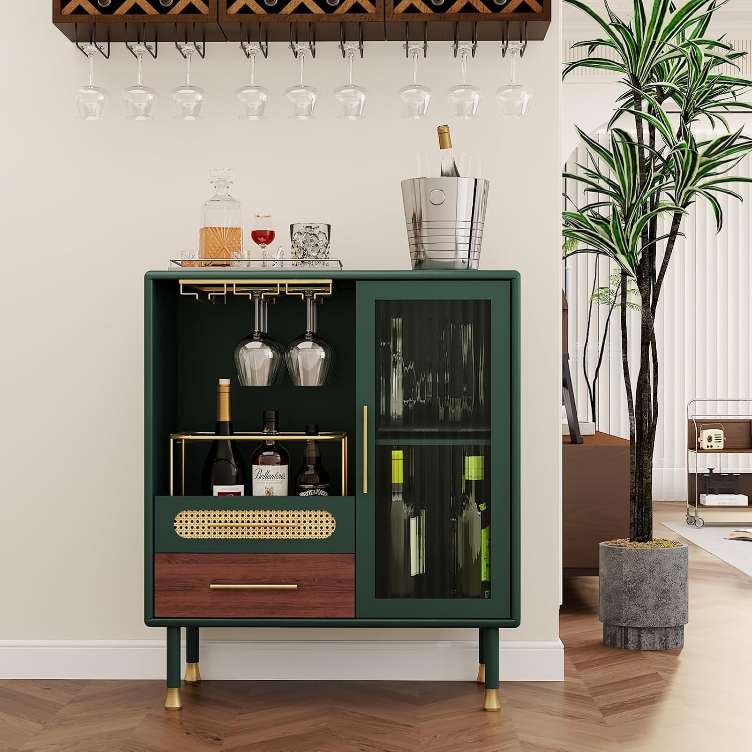Modern Coffee Bar Cabinet with Wine Glass Rack and Drawers, Green Liquor Cabinet with Pull-Out Wine Storage for Kitchen, Dining Room, Living Room