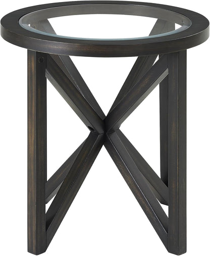 Modern Black Tempered Glass Side Table,Round End Table with Tempered Glass Top and Solid Wood Base.Simple & Modern round Table,Small Glass Tea Table for Living Room,Apartment,22.13In(Black)