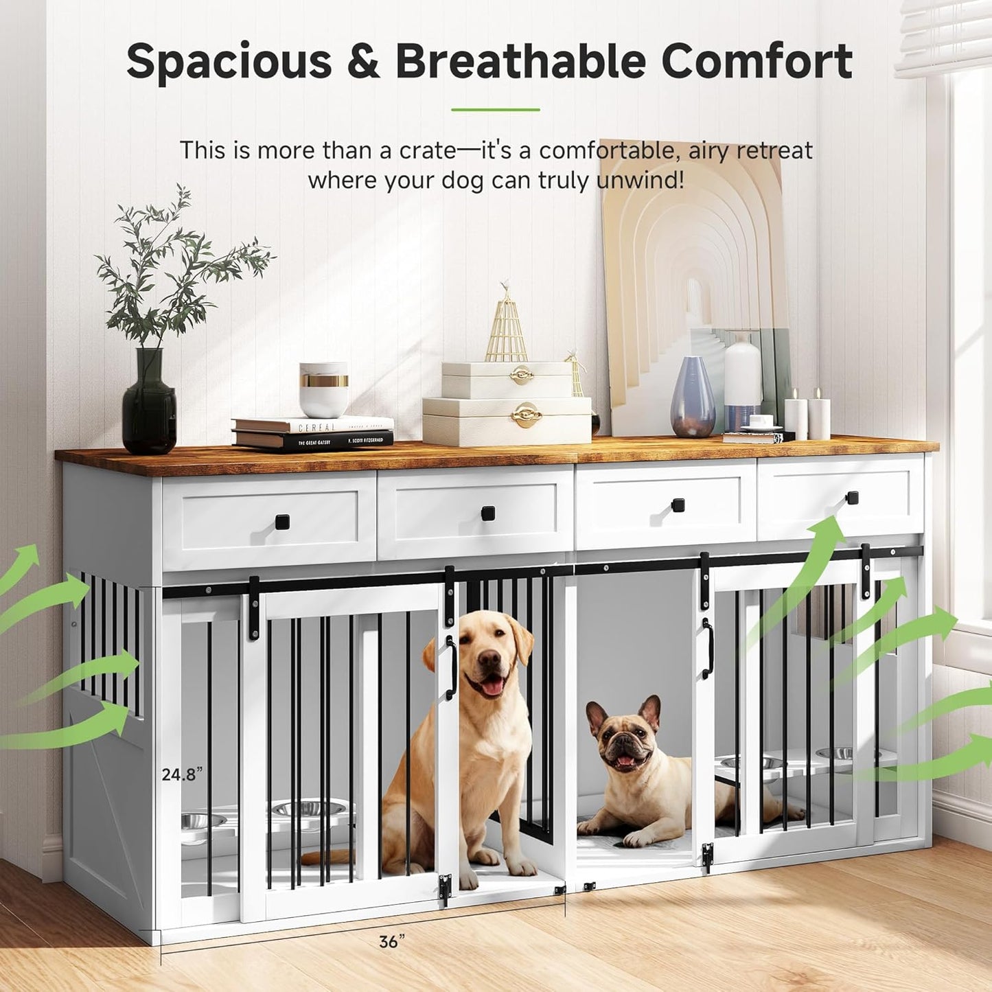 71” Large Dog Crate Furniture for 1 or 2 Dogs with Sliding Door, Heavy Duty Dog Kennel Furniture for Small/Medium Dogs with 4 Bowls, Dog Cage with Steel Frame, White