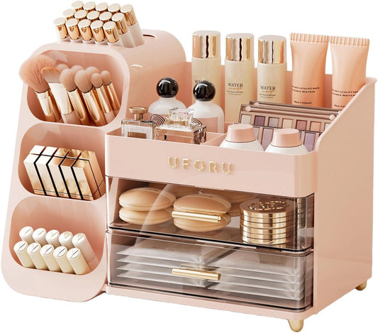 Makeup Organizer for Vanity with Brush Holder, Countertop Organizer with 2 Drawers, Spacious Cosmetic Display Case for Beauty Essential, Skincare, Lipstick