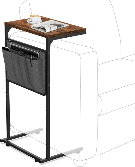 C Shaped End Table, Small Side Table for Couch and Recliner, Slide under Sofa Tray Desk with Storage Bag for Living Room and Bedroom, Rustic Brown