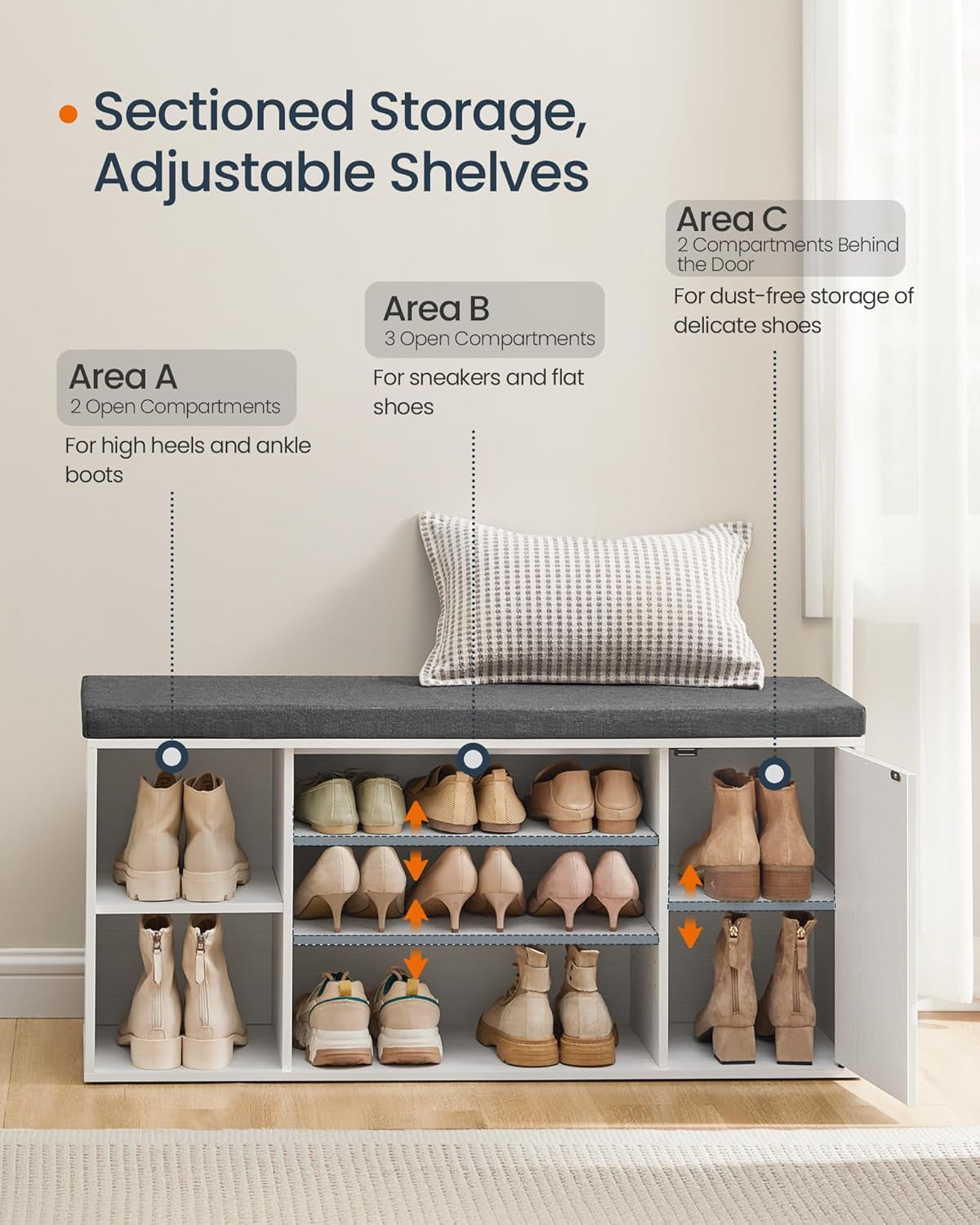 Storage Bench, Superfast Toolless Assembly, 41" Wide Entryway Shoe Cubby Bench with Cushion & Adjustable Shelves, Window Shoe Rack Cabinet, Snow White and Slate Gray ULHS391WE02S