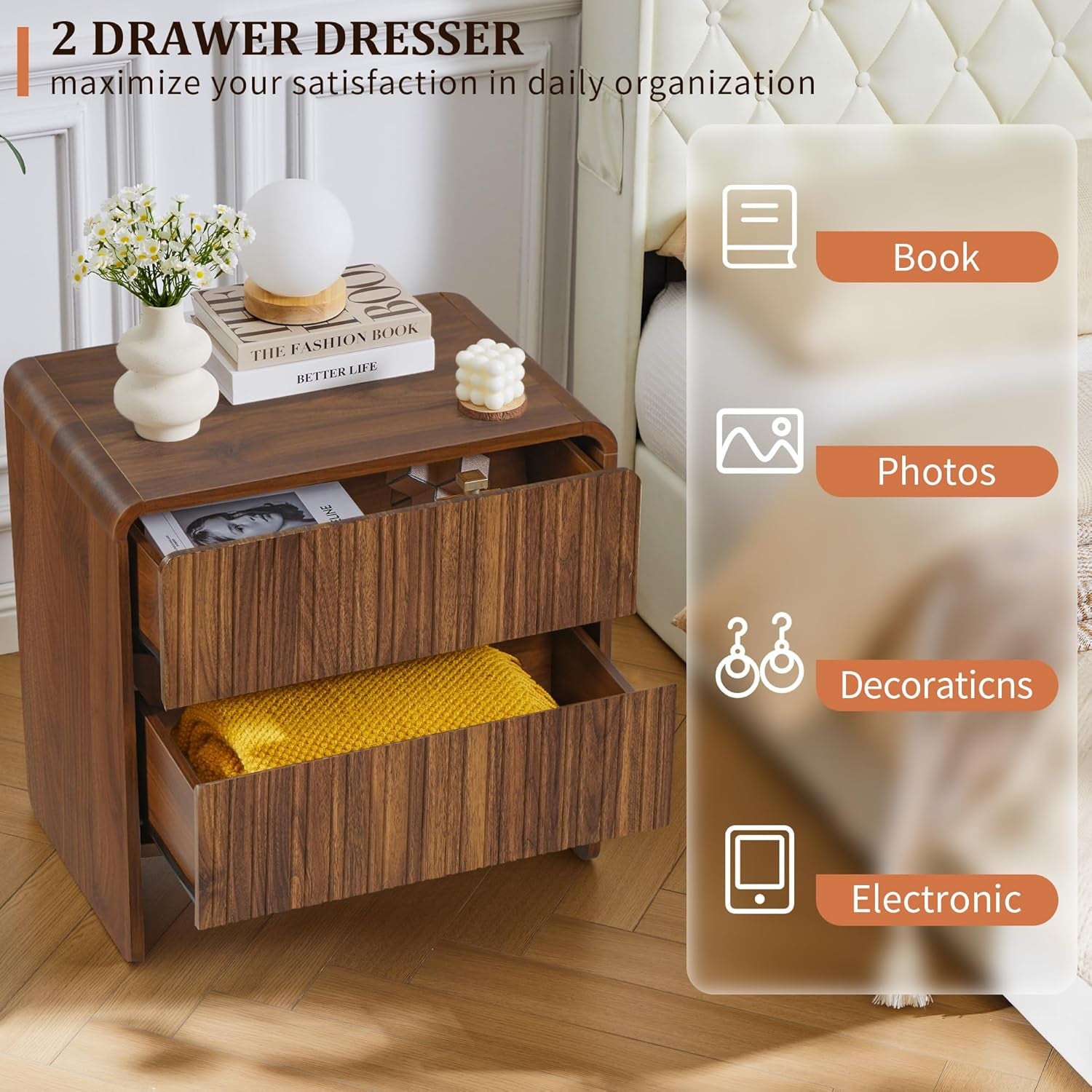 Flute 2 Drawer Dresser,Mid Century Modern Small Nightstand with 2 Drawer for Bedroom, Wood Side Table with Curved Profile for Living Room,Hallway,Enterrway (Brown, 2 Drawers)