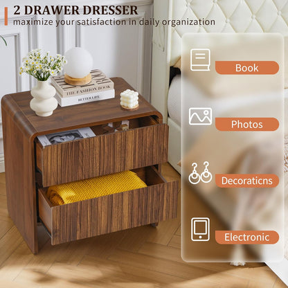 Brown mid century two drawer dresser nightstand with curved profile, view 3