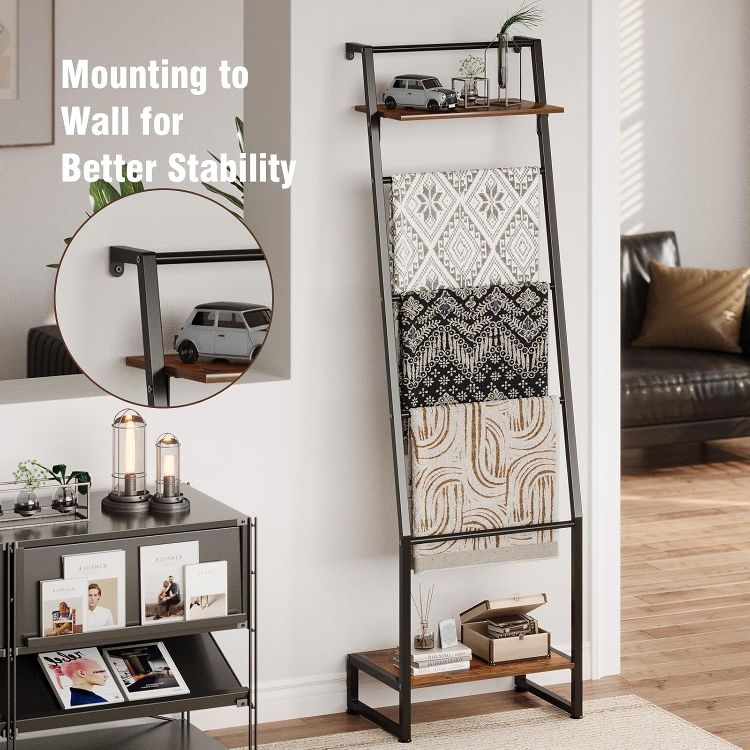 Blanket Ladder with Shelf, 6 Layer Wall-Leaning Blanket Rack, Farmhouse Blanket Shelf for Storage and Home Decor, Freestanding Rack for Bathroom, Rustic Brown and Black