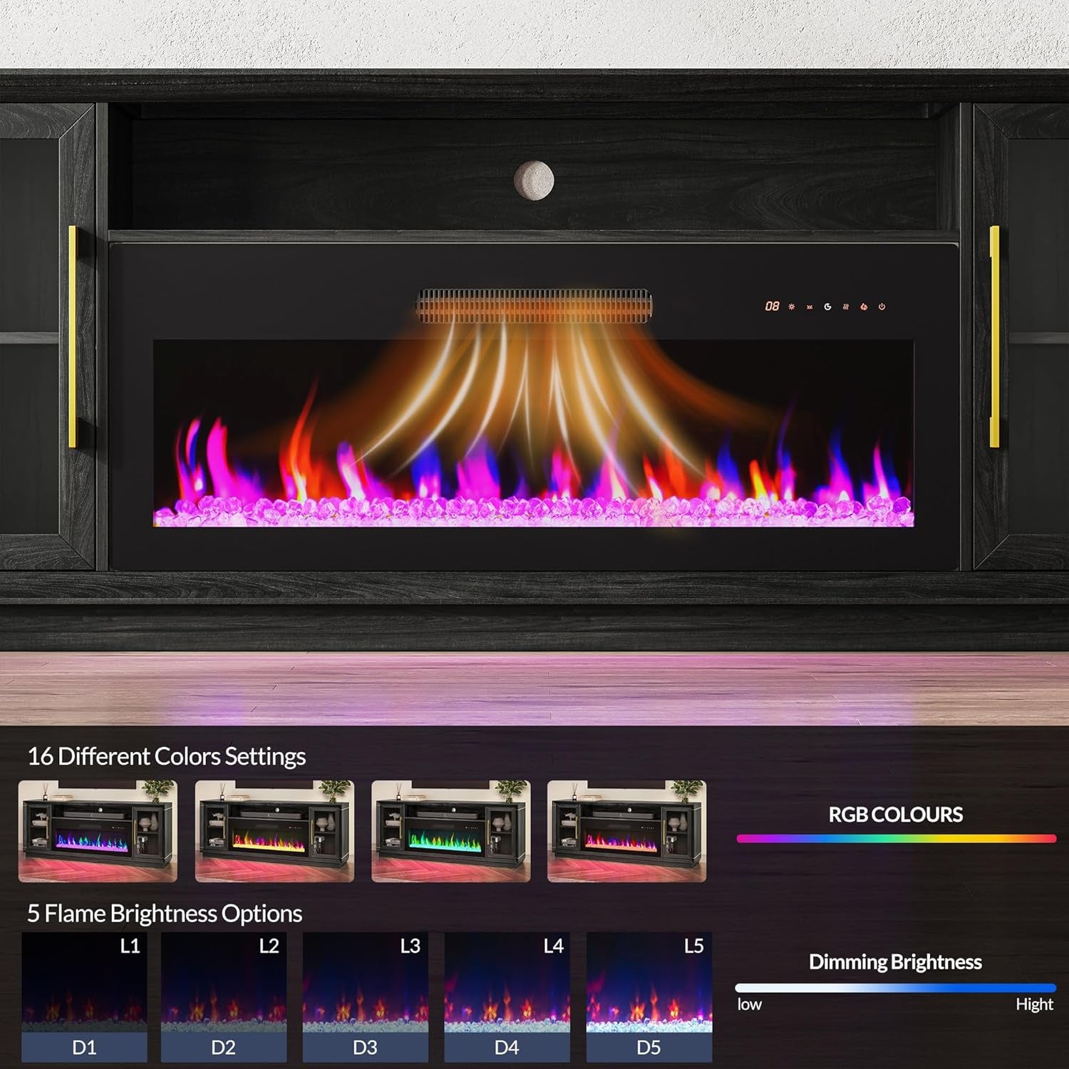 74" Extra Large TV Stand for Tvs up to 85", Media Console Table with 42" Electric Fireplace Heater, Entertainment Center with Storage Cabinets for Living Room, Bedroom - Sienna (Black Ebony)
