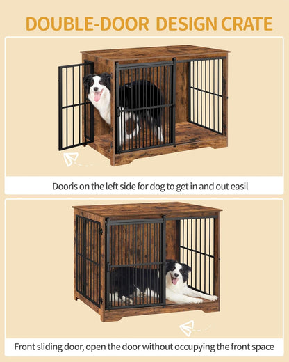 XL Large Dog Crate Furniture, 44.1" Indoor Dog Kennel Furniture with Barn Door, Wooden Tall Dog Crate, Heavy Duty Dog Cage for Large Dogs, Side End Table, Anti-Chew, Rustic Brown DFC80101B