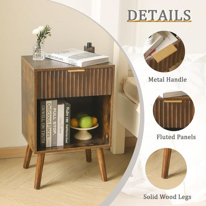 Mid Century Modern Nightstand, Wood Bedside Table with Drawer and Opening Storage, End Table Living Room Fluted Night Stand with Solid Wood Legs for Bedroom (Rustic Brown) | Drawer, Opening Storage, End Table, Living Room, Fluted, Night Stand
