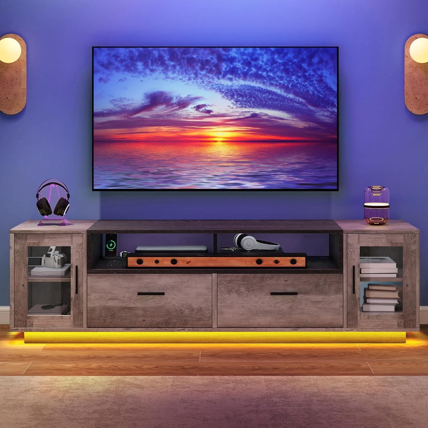 TV Stands for Living Room, Farmhouse TV Stand for 65/70 Inch TV, LED TV Entertainment Center with Storage & Power Outlets, TV Console Cabinet, Rustic Grey