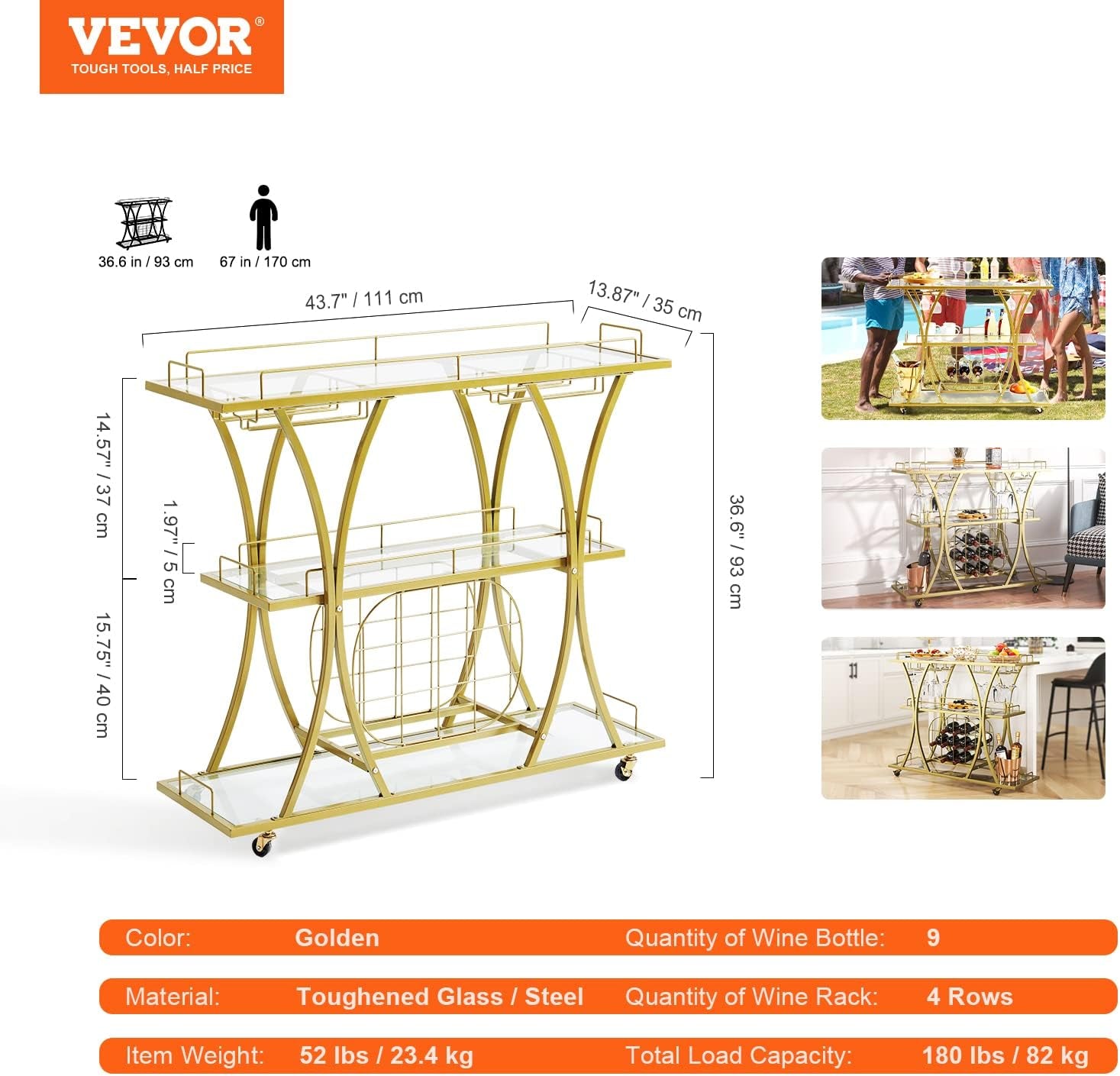 Bar Cart Gold, 3 Tiers Home Bar Serving Cart on Lockable Wheels, Rolling Alcohol Cart with Tempered Glass Shelves Guardrail Wine Rack, Modern Wine Cart for Home Kitchen Dining and Living Room