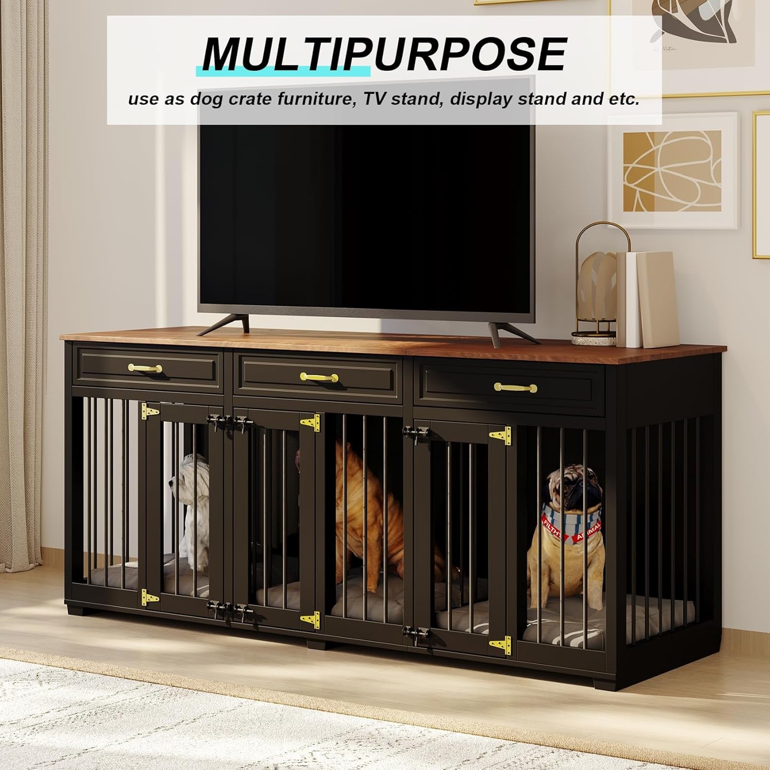Dog Crate Furniture - Indoor Wooden Dog Kennel with 2 Dividers, 3 Drawers, and 3 Lockable Doors, 72"X23.6"X31.5"H, Black