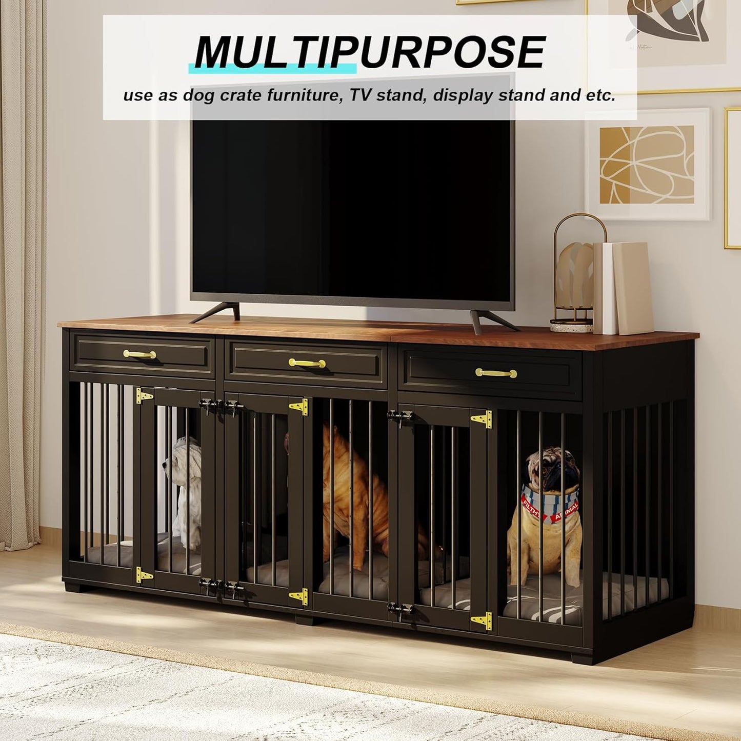 Dog Crate Furniture - Indoor Wooden Dog Kennel with 2 Dividers, 3 Drawers, and 3 Lockable Doors, 72"X23.6"X31.5"H, White