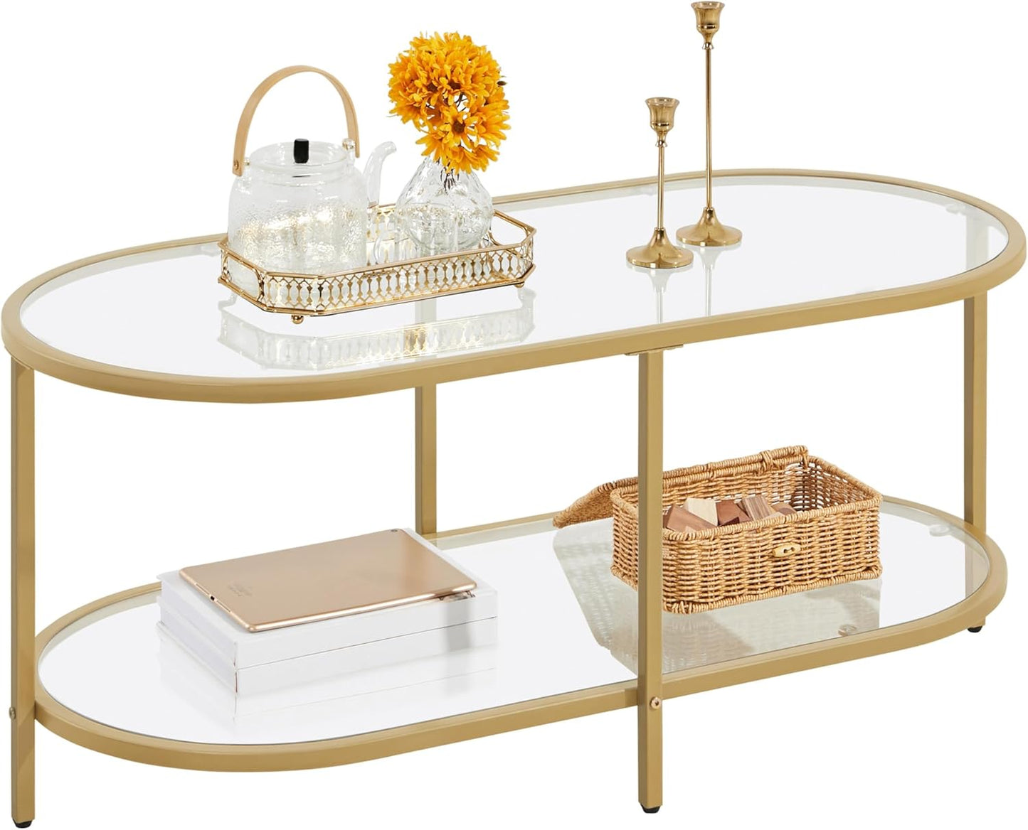 42" Oval Glass Coffee Table for Living Room, 2-Tier Center Table with Storage Shelf for Small Space, Office