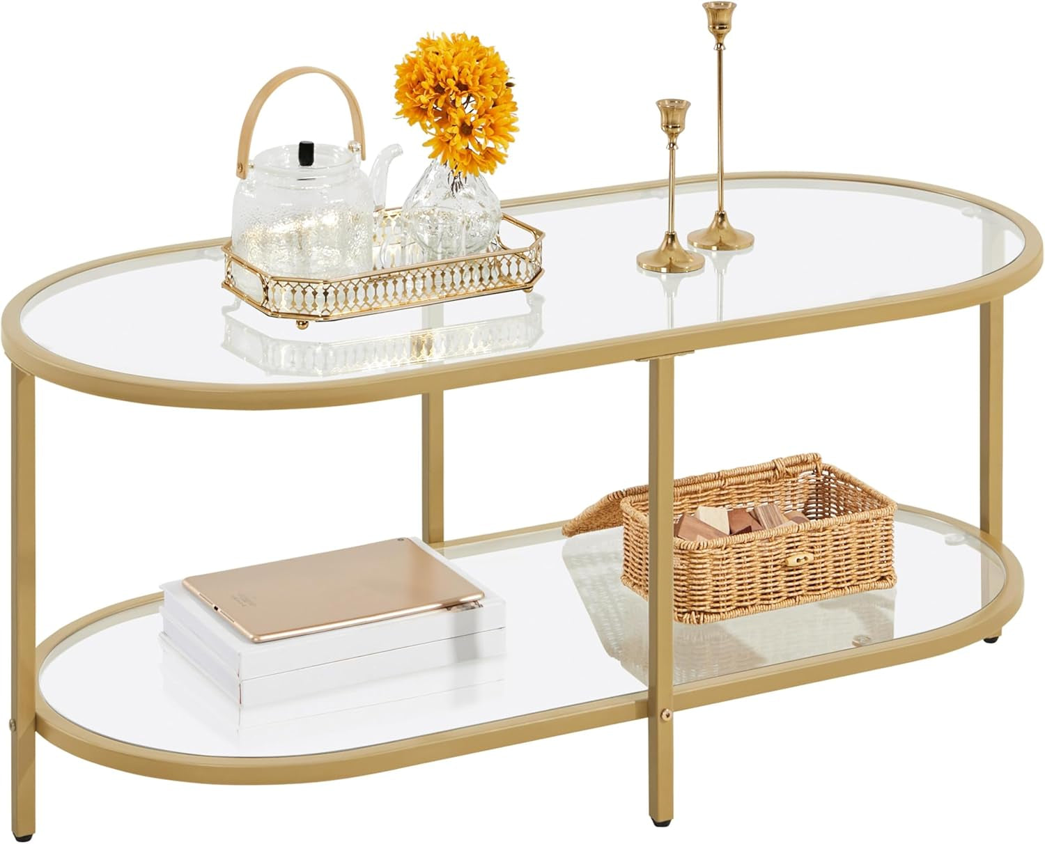 42" Oval Glass Coffee Table for Living Room, 2-Tier Center Table with Storage Shelf for Small Space, Office
