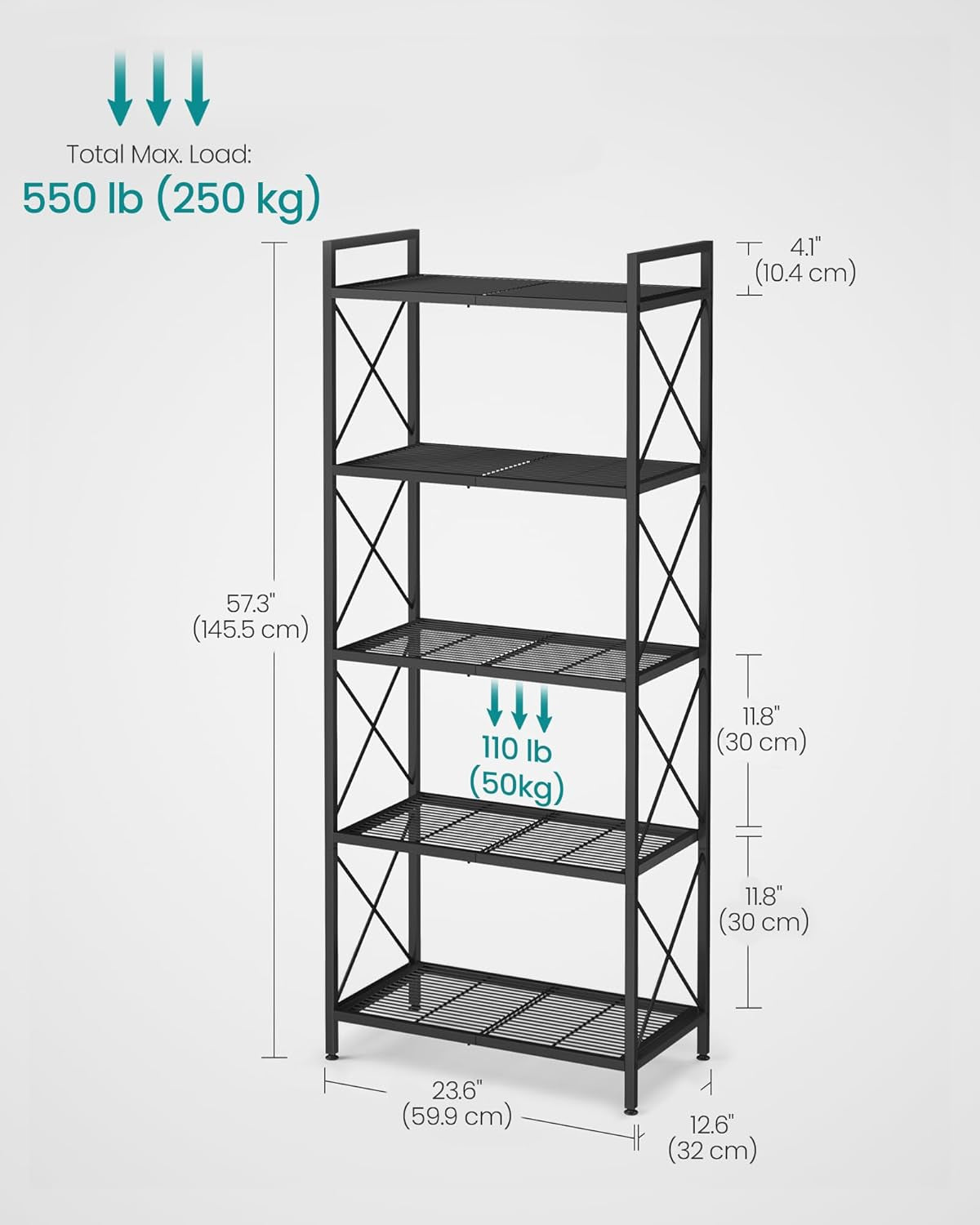 5-Tier Metal Storage Rack, Shelving Unit with X Side Frames, Dense Mesh, 12.6 X 23.6 X 57.3 Inches, for Entryway, Kitchen, Living Room, Bathroom, Industrial Style, Ink Black UBSC165B01
