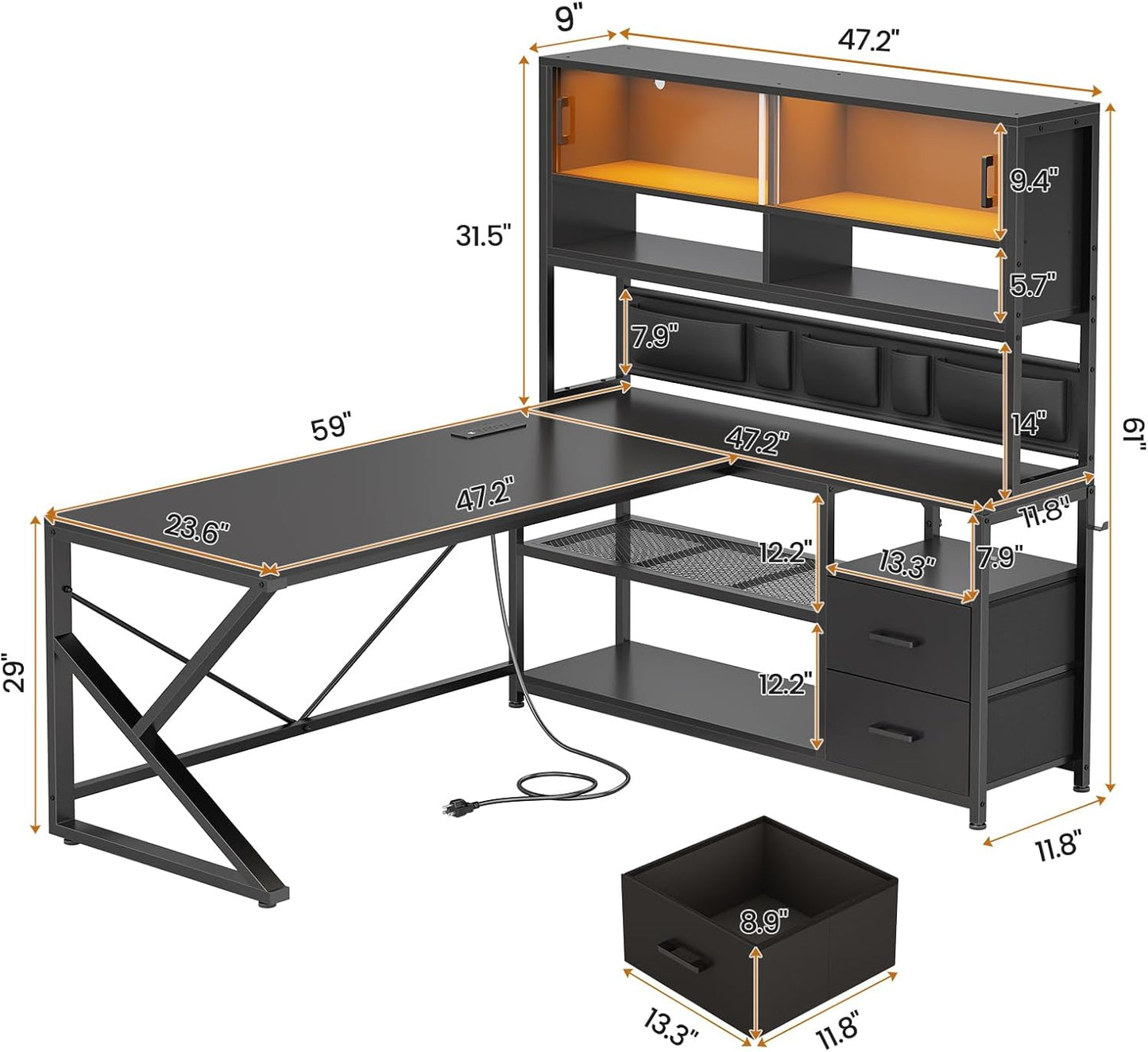L Shaped Gaming Desk, Home Office Computer Desk with 2 Drawer and Bookshelf, L Shaped Gaming Desk with LED Light, Glass Cabinet and Storage Bag, Corner Desk with Storage Shelves, Black