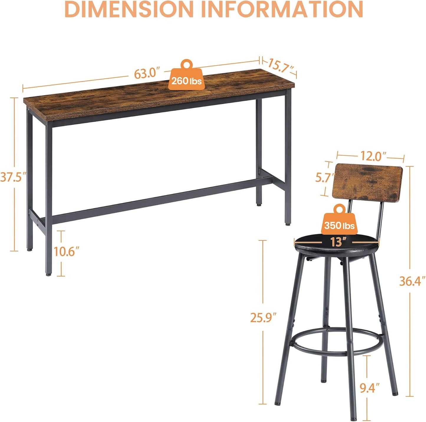 Long Bar Table Set with 3 PU Upholstered Bar Stools, Dining Table and Chair Sets, Industrial Tall Coffee Table and Back Chair for Kitchen, Living Room, Party Room, Small Space, Pub, Brown