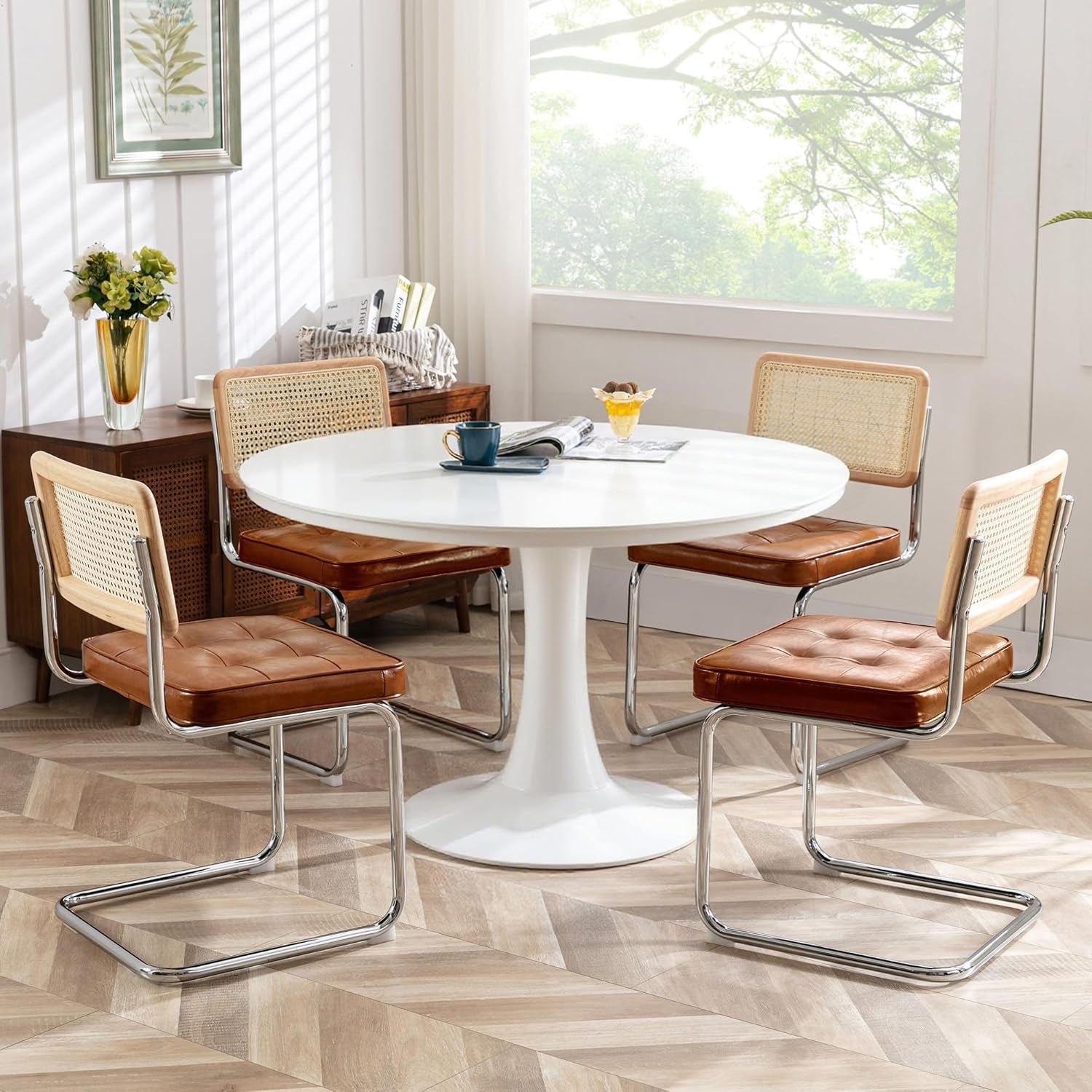 Natural Rattan Dining Chairs Set of 2, Modern Dining Room Chairs with Solid Wood Back for Kitchen Living Room, Mid Century Breuer Design Inspired, Upholstered Faux Leather Brown