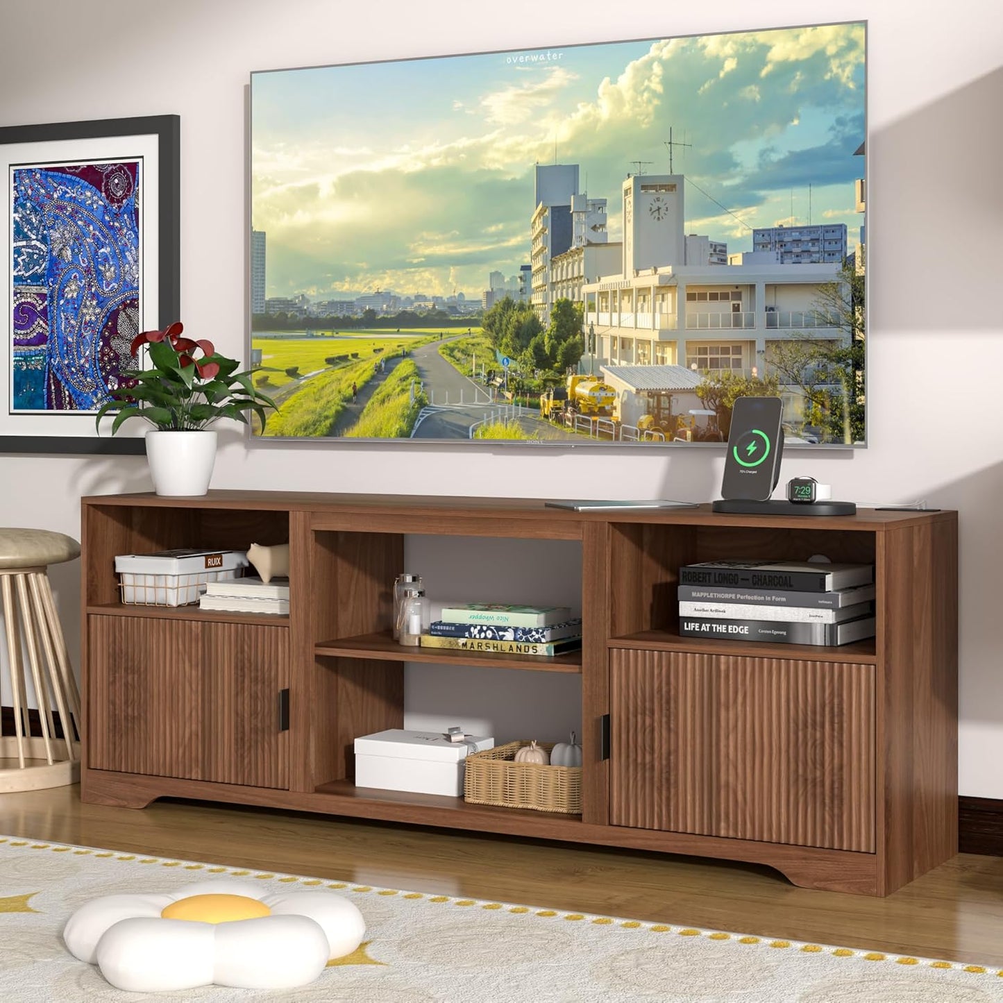 Fluted TV Stand for Tvs up to 80",Mid Century Modern TV Stand with Open Adjustable Shelf,Entertainment Center Wood TV Media Console with Cord Holes,Tv Stand for Living Room Furniture Bedroom,Walnut