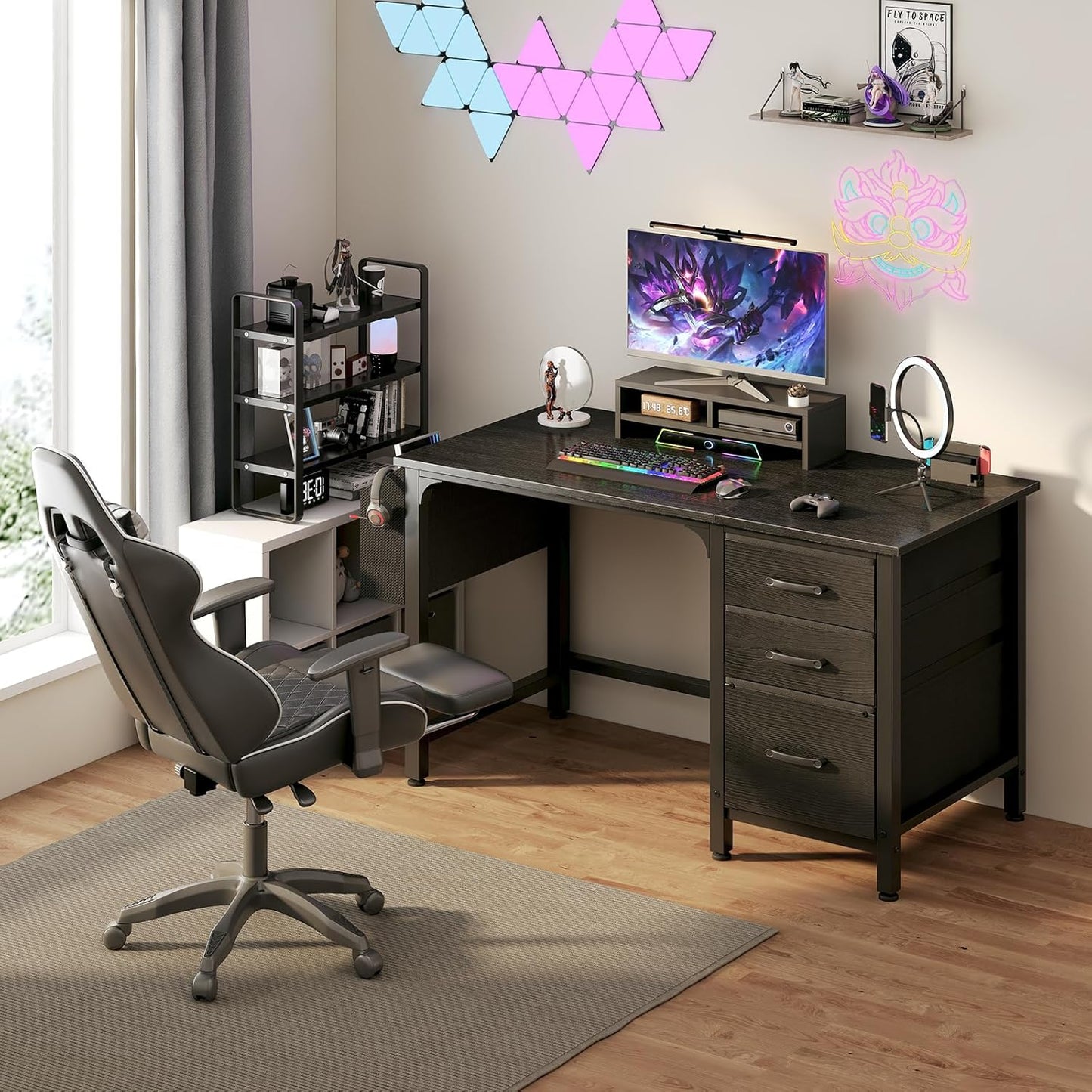 Computer Desk with File Drawers Cabinet, 47 Inch Reversible Home Office Desks with Filing Cabinet for Small Space, Gaming Study Writing Table PC Desks, Black
