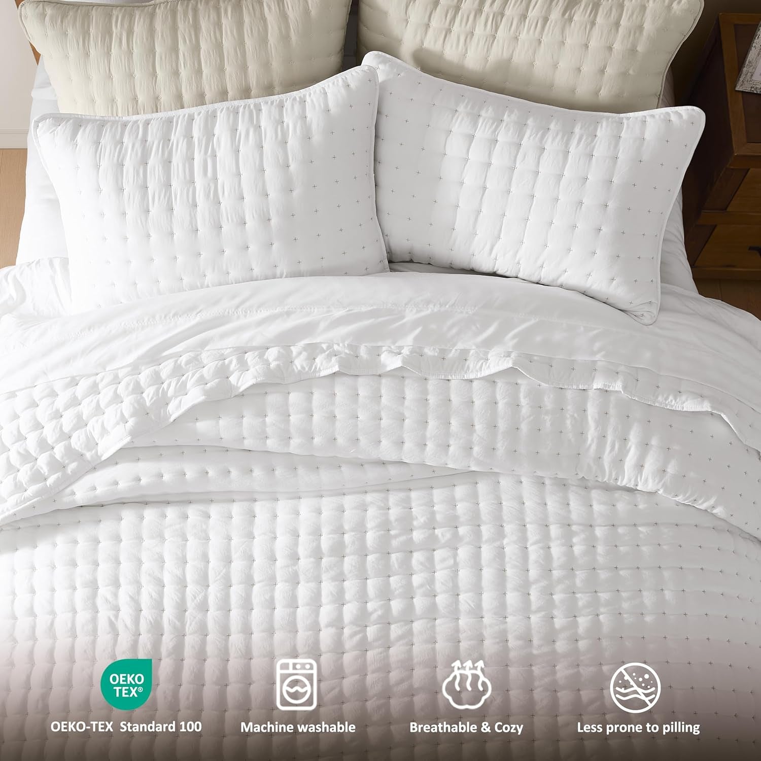 White King Size Quilt Bedding Sets with Pillow Shams, Lightweight Soft Bedspread Coverlet, Quilted Blanket Thin Comforter Bed Cover, All Season Summer Spring, 3 Pieces, 104X90 Inches