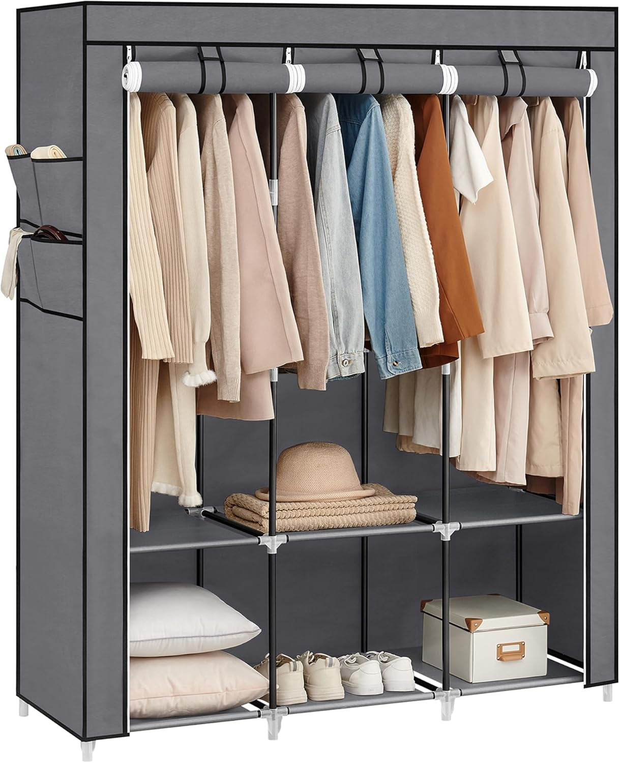 Portable Closet, Wardrobe Closet Organizer with Cover, 3 Hanging Rods and Shelves, 4 Side Pockets, 51.2 X 17.7 X 65.7 Inches, Large Capacity for Bedroom, Living Room, Ink Black URYG092B02