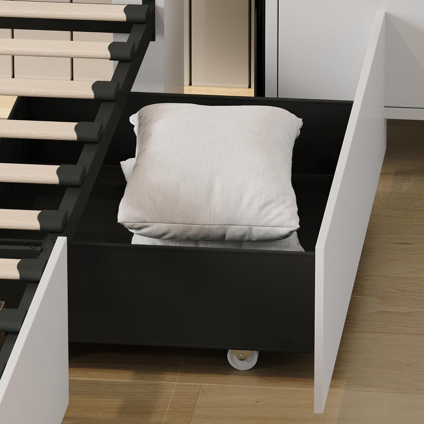 Queen Farmhouse Bed Frame with Charging Station, LED Lights, Storage Headboard & Footboard, Platform Bed Frame with 4 Rolling Drawers & Sliding Barn Door, No Box Spring Needed, White