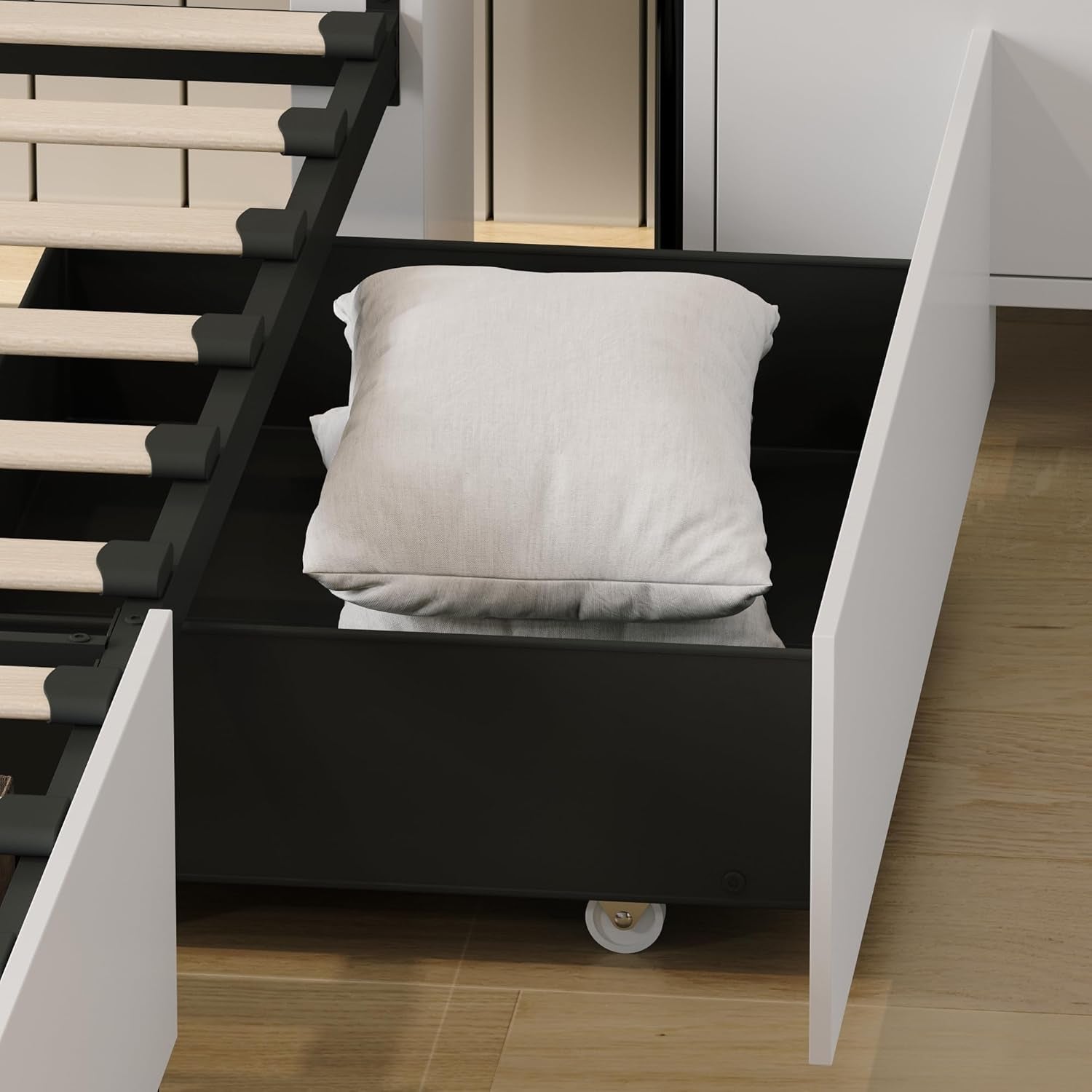 Queen Farmhouse Bed Frame with Charging Station, LED Lights, Storage Headboard & Footboard, Platform Bed Frame with 4 Rolling Drawers & Sliding Barn Door, No Box Spring Needed, White