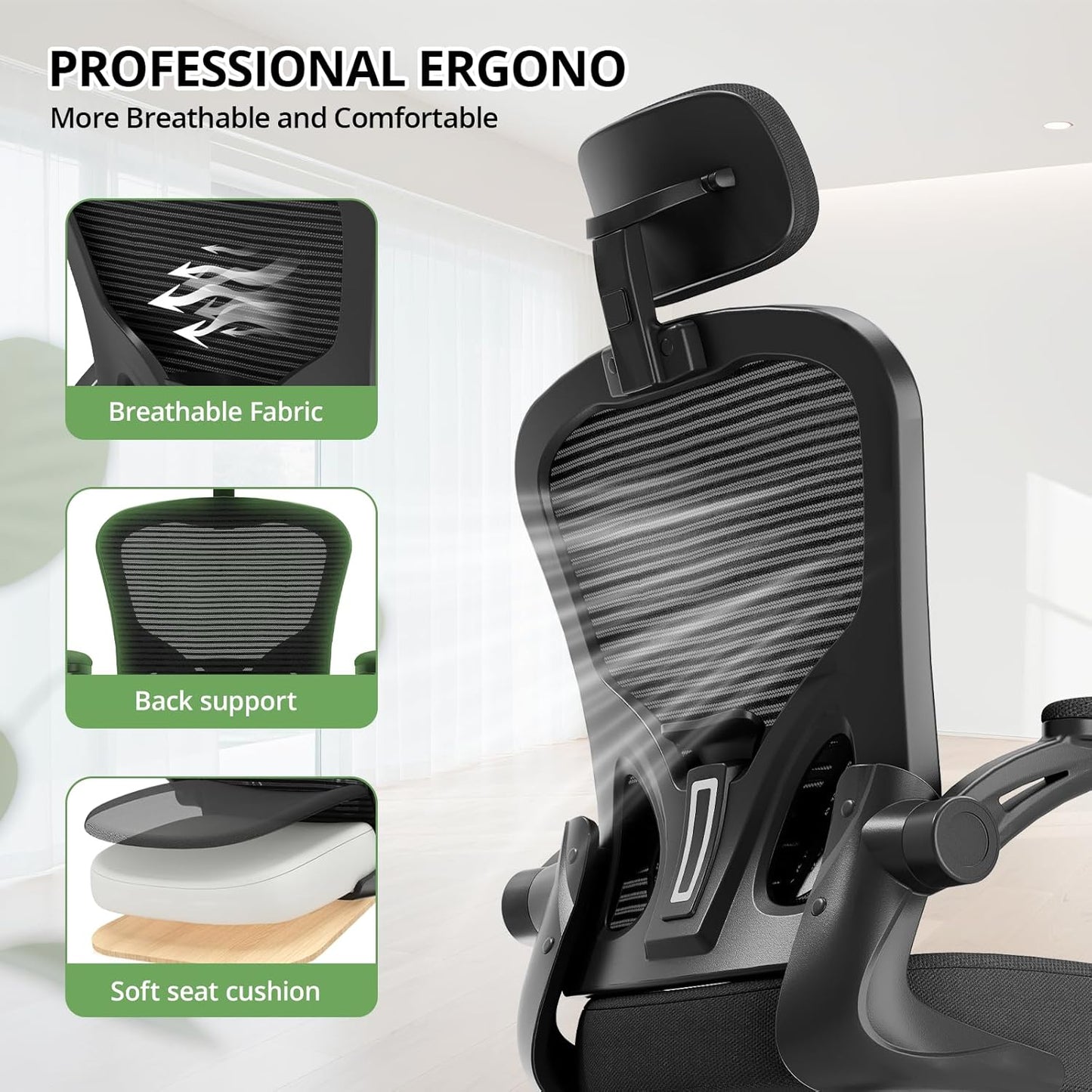 Office Chair Ergonomic Desk Chair, 330LBS Capacity, High Back Computer Chair for Long Hours Comfortable, Rolling Swivel Executive Task Chair for Home Office with Flip-Up Armrests, Black